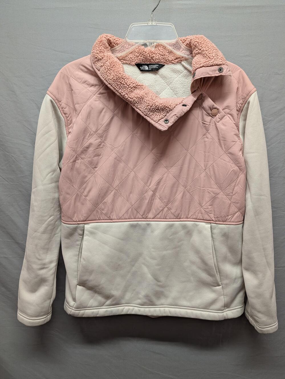 The North Face Pullover Womens Medium Pink White Quilted Sherpa Fleece Snap Neck